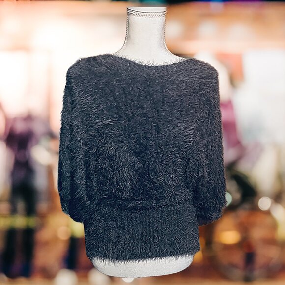 Trending For Fall Fuzzy Furry Dark Gray Ladder Back Soft Comfy Sweater NEW - Picture 3 of 5